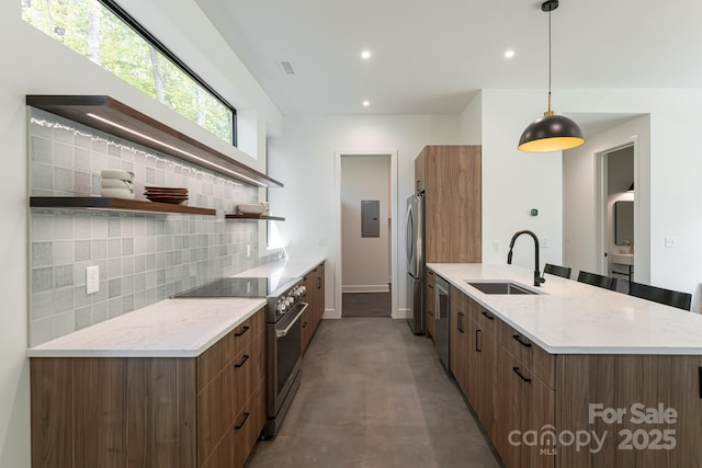 129 English Dr, Candler, NC 28715 - kitchen with stainless steel appliances, a sink, open shelves, modern cabinets, and recessed lighting
