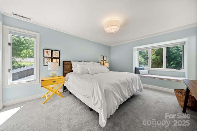 carpeted bedroom with crown molding, multiple windows, and baseboards