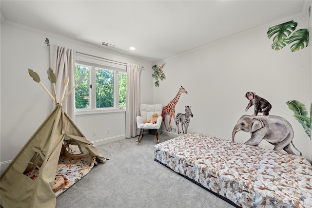bedroom with ornamental molding, carpet, baseboards, and recessed lighting