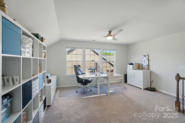 1360 Dali Blvd, Mount Holly, NC 28120 - office area featuring carpet, a ceiling fan, lofted ceiling, and baseboards