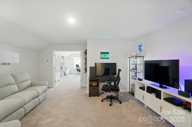 1360 Dali Blvd, Mount Holly, NC 28120 - living area with light carpet, a desk, baseboards, and lofted ceiling