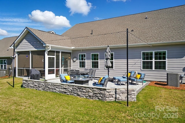 1360 Dali Blvd, Mount Holly, NC 28120 - back of house with a sunroom, a patio area, an outdoor living space, and a shingled roof