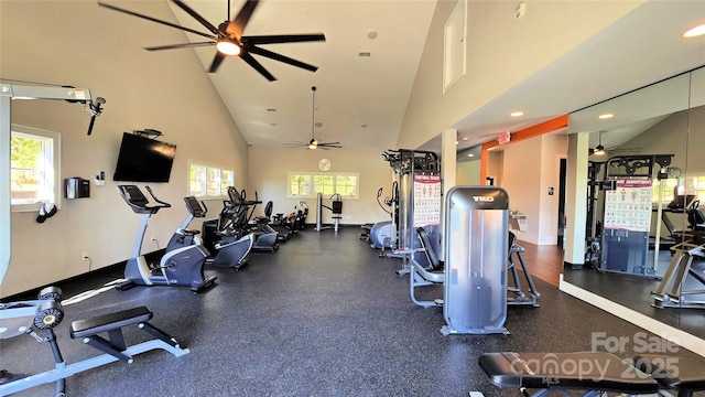 1360 Dali Blvd, Mount Holly, NC 28120 - workout area with a ceiling fan, high vaulted ceiling, and recessed lighting