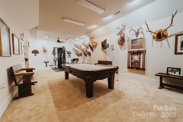 playroom featuring carpet, pool table, baseboards, and ceiling fan