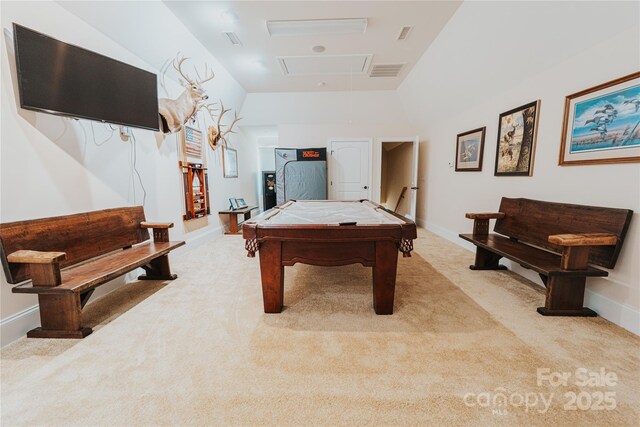 game room with light colored carpet, attic access, billiards, and baseboards