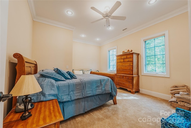 bedroom featuring multiple windows, carpet flooring, recessed lighting, crown molding, and baseboards