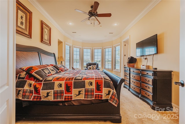 carpeted bedroom featuring ornamental molding and recessed lighting