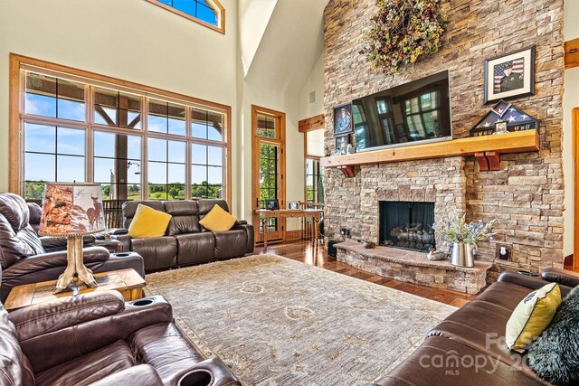 6205 Plantation Pointe Dr, Granite Falls, NC 28630 - living room featuring a high ceiling, plenty of natural light, a stone fireplace, and wood finished floors