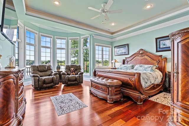 6205 Plantation Pointe Dr, Granite Falls, NC 28630 - bedroom featuring crown molding, a tray ceiling, hardwood / wood-style flooring, recessed lighting, and a ceiling fan