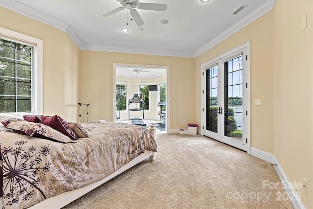 6205 Plantation Pointe Dr, Granite Falls, NC 28630 - carpeted bedroom with access to outside, crown molding, baseboards, french doors, and a ceiling fan