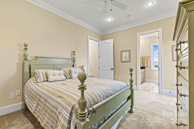 6205 Plantation Pointe Dr, Granite Falls, NC 28630 - bedroom with carpet floors, crown molding, baseboards, recessed lighting, and a ceiling fan