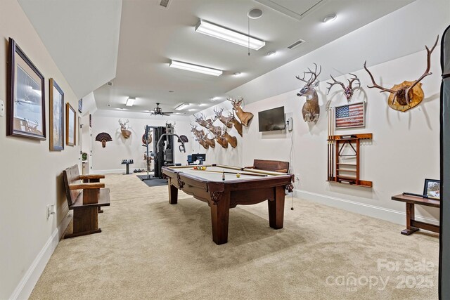 6205 Plantation Pointe Dr, Granite Falls, NC 28630 - recreation room featuring carpet floors, billiards, baseboards, and attic access