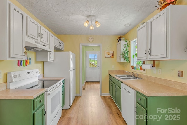 11 Louisville Pl, Asheville, NC 28806 - kitchen featuring white appliances, green cabinets, under cabinet range hood, a sink, and light countertops