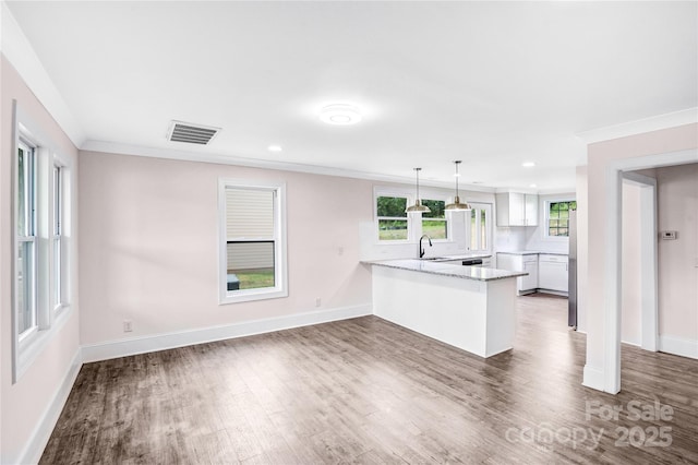 225 N Lee St, Mount Holly, NC 28120 - kitchen with a peninsula, a sink, white cabinets, wood finished floors, and crown molding