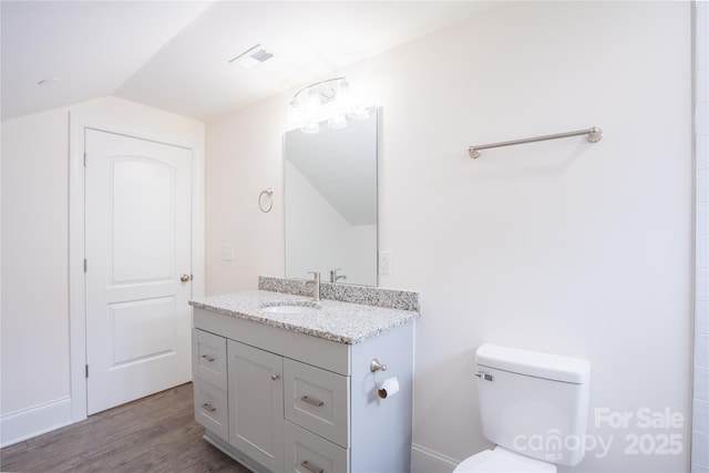 225 N Lee St, Mount Holly, NC 28120 - bathroom featuring wood finished floors, toilet, vaulted ceiling, and vanity