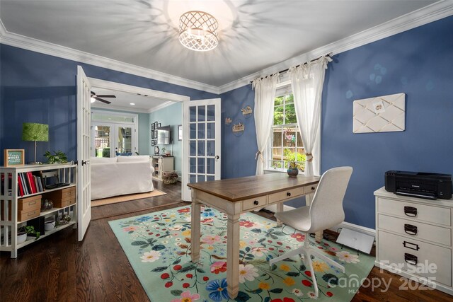 office with french doors, crown molding, wood finished floors, and baseboards