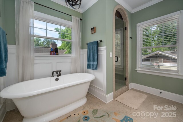 full bathroom featuring ornamental molding, a decorative wall, a freestanding tub, a stall shower, and healthy amount of natural light