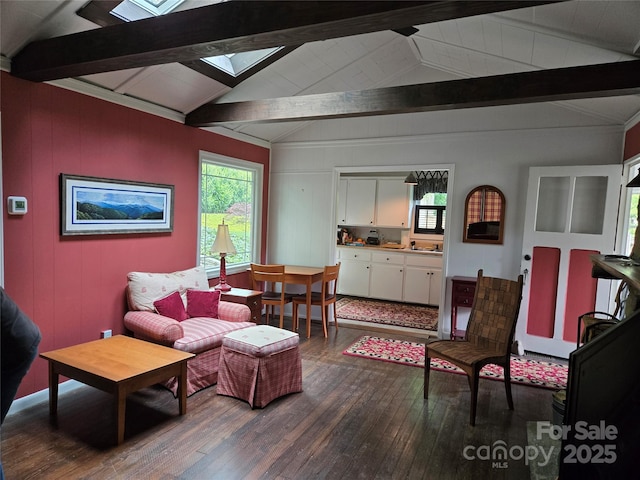 living area featuring lofted ceiling with skylight and dark wood-type flooring