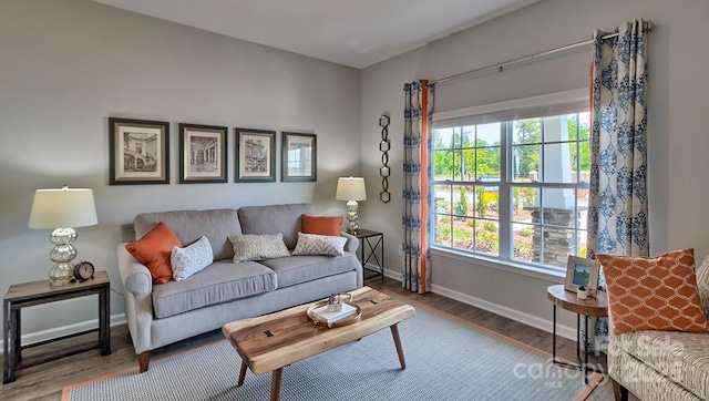 living room with baseboards, plenty of natural light, and wood finished floors