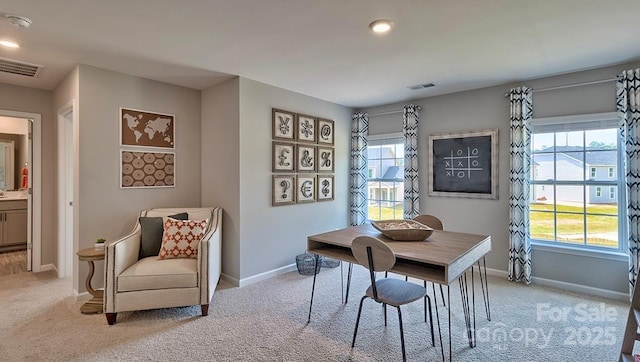 office area featuring light colored carpet, plenty of natural light, visible vents, and baseboards