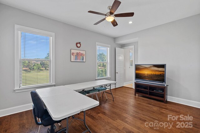 409 Wheatberry Hill Dr, Matthews, NC 28104 - office featuring baseboards, a ceiling fan, wood finished floors, and recessed lighting