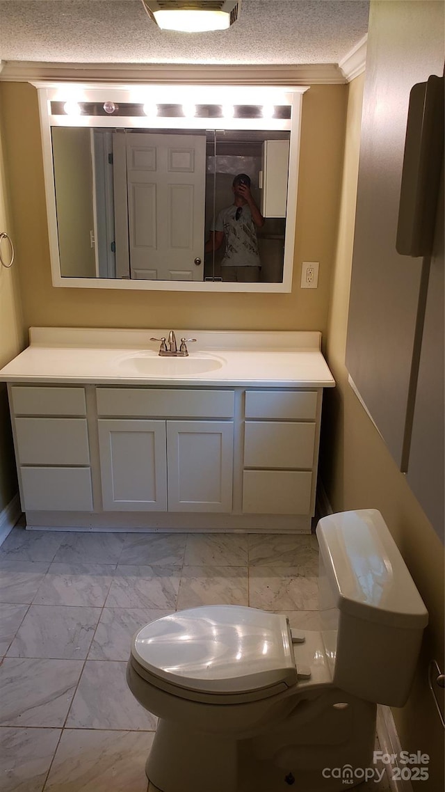615 Grier St, Lincolnton, NC 28092 - bathroom with marble look tile flooring, vanity, toilet, and crown molding