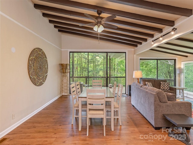 dining room with a ceiling fan, wood finished floors, and baseboards