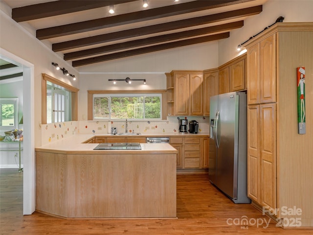 kitchen with stainless steel appliances, a sink, tasteful backsplash, and a peninsula