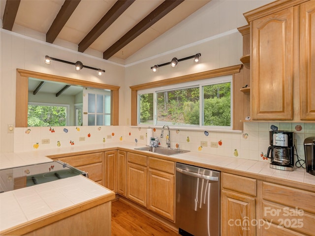 kitchen with dishwasher, a sink, tile countertops, and tasteful backsplash