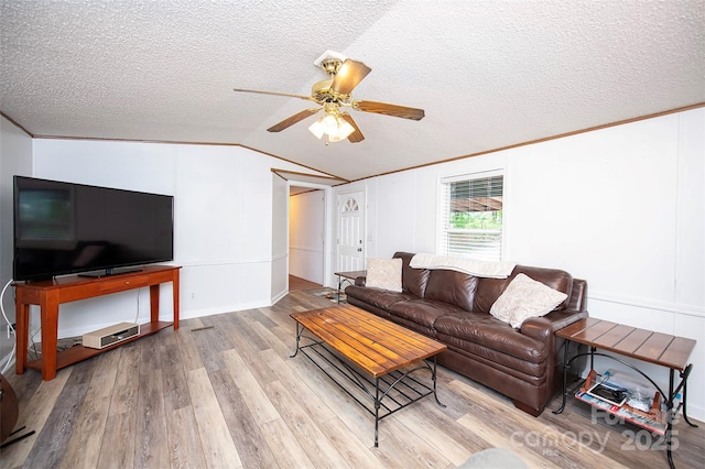 475 Dot Faris Rd, Catawba, SC 29704 - living area featuring vaulted ceiling, a ceiling fan, wood finished floors, a textured ceiling, and ornamental molding