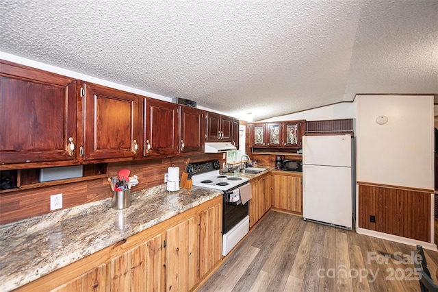 475 Dot Faris Rd, Catawba, SC 29704 - kitchen with freestanding refrigerator, electric range, a sink, under cabinet range hood, and black microwave