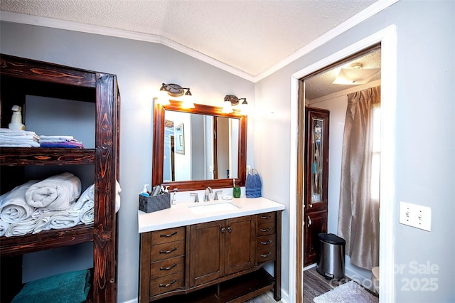 475 Dot Faris Rd, Catawba, SC 29704 - bathroom featuring vanity, ornamental molding, lofted ceiling, a textured ceiling, and wood finished floors