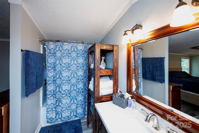 475 Dot Faris Rd, Catawba, SC 29704 - bathroom with a textured ceiling, shower / bath combo, vanity, ornamental molding, and wood finished floors