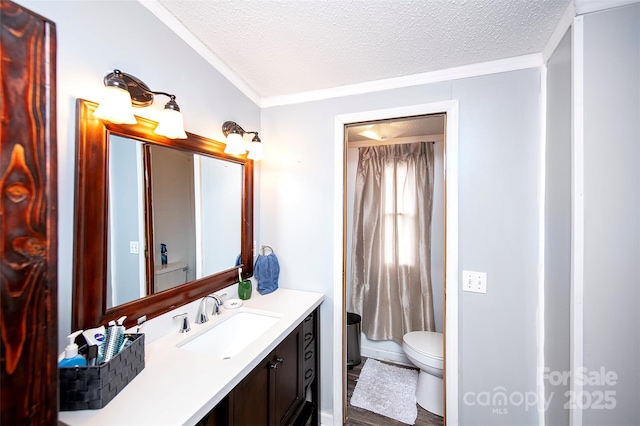 475 Dot Faris Rd, Catawba, SC 29704 - bathroom with toilet, a textured ceiling, crown molding, and vanity