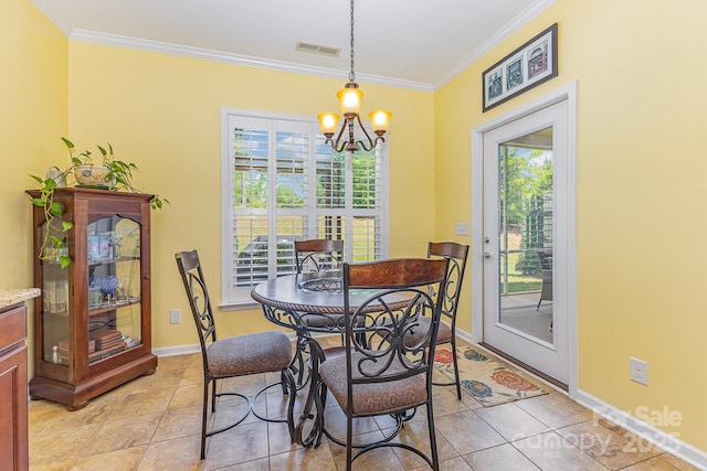2035 Moultrie Ct, Fort Mill, SC 29707 - dining area featuring a chandelier, ornamental molding, baseboards, and light tile patterned floors
