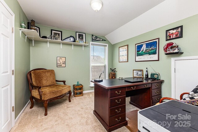 2035 Moultrie Ct, Fort Mill, SC 29707 - home office with lofted ceiling, light colored carpet, and baseboards