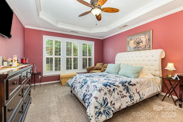 2035 Moultrie Ct, Fort Mill, SC 29707 - bedroom with carpet, a raised ceiling, crown molding, baseboards, and a ceiling fan