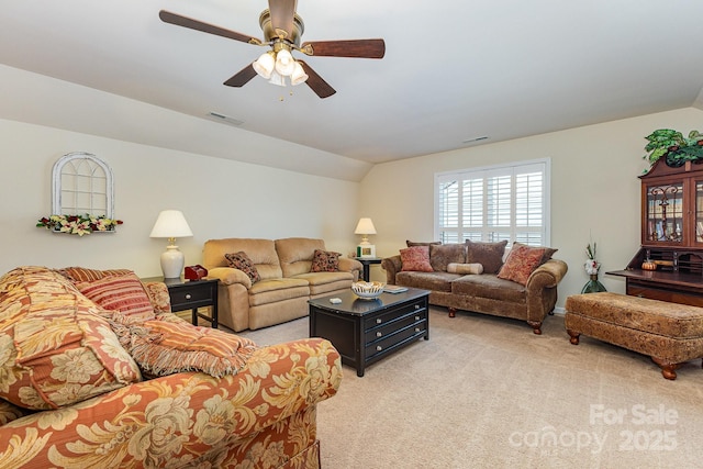 2035 Moultrie Ct, Fort Mill, SC 29707 - living area featuring vaulted ceiling, light carpet, and a ceiling fan