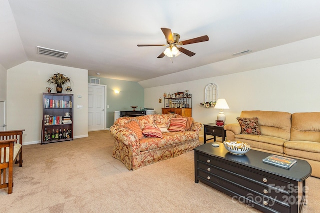 2035 Moultrie Ct, Fort Mill, SC 29707 - living room with light colored carpet, lofted ceiling, a ceiling fan, and baseboards