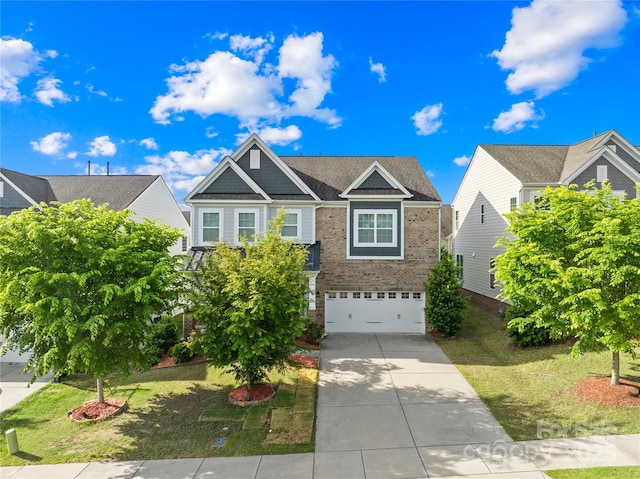 view of front of house featuring concrete driveway, brick siding, an attached garage, and a front lawn