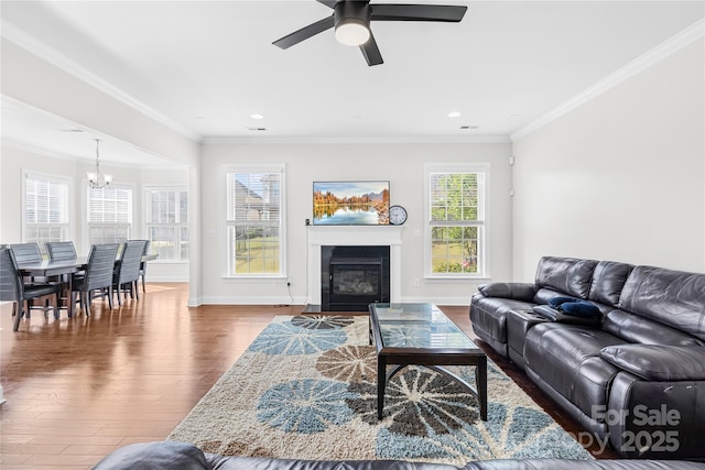 living area with a chandelier, wood finished floors, a ceiling fan, a fireplace with flush hearth, and crown molding