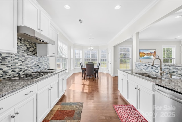 kitchen with appliances with stainless steel finishes, under cabinet range hood, a sink, ornamental molding, and a chandelier