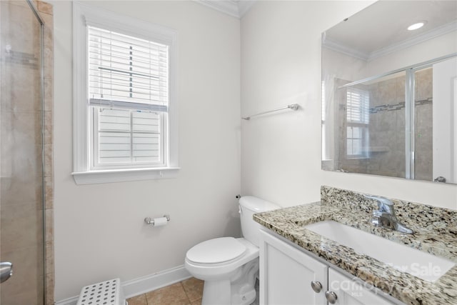 bathroom with a stall shower, crown molding, toilet, tile patterned floors, and baseboards