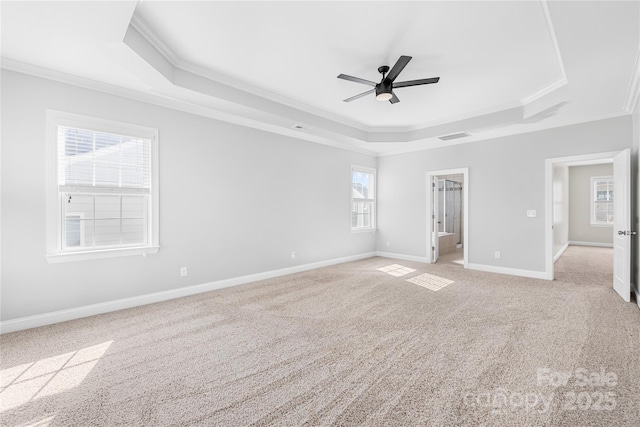 unfurnished bedroom with a raised ceiling, crown molding, light carpet, baseboards, and a spacious closet