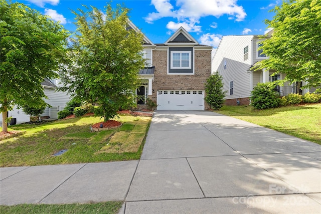 view of front of property featuring brick siding, concrete driveway, a front yard, and an attached garage