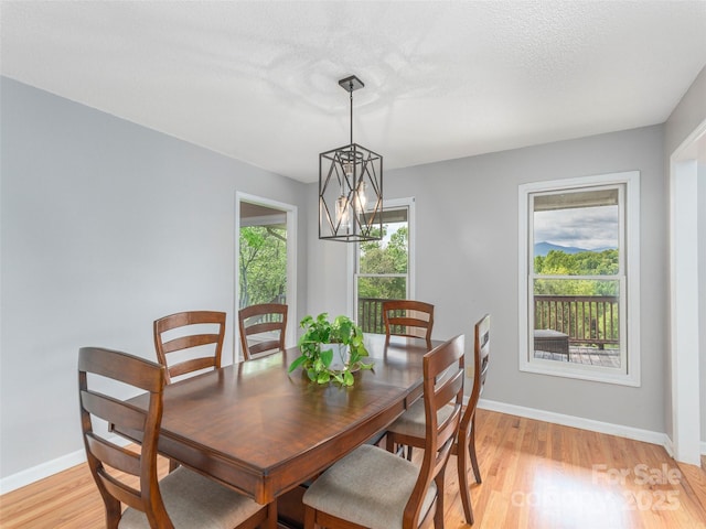 dining room featuring light wood finished floors, baseboards, and a notable chandelier