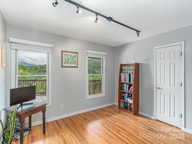 sitting room featuring rail lighting, light wood-style flooring, a textured ceiling, and baseboards
