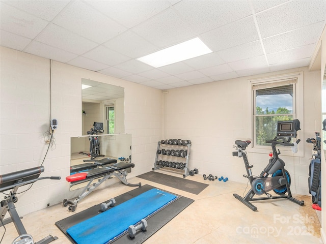 exercise area featuring a paneled ceiling, a wealth of natural light, and concrete block wall