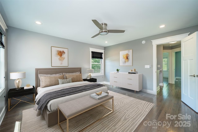 21 Bryant St, Asheville, NC 28806 - bedroom featuring baseboards, dark wood-type flooring, recessed lighting, and a ceiling fan