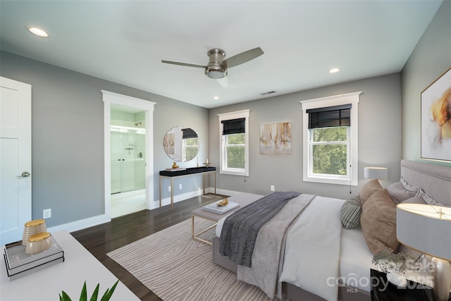 21 Bryant St, Asheville, NC 28806 - bedroom with recessed lighting, wood finished floors, connected bathroom, a ceiling fan, and baseboards